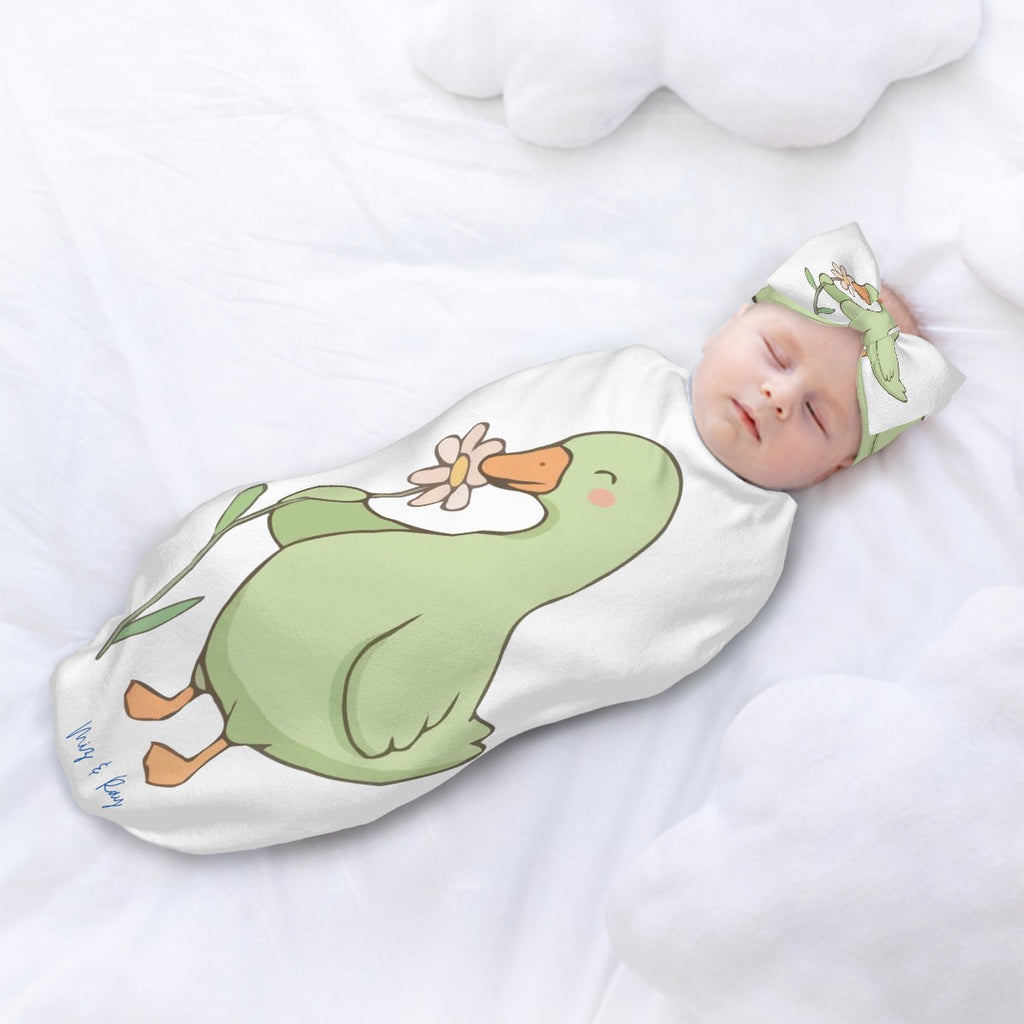Miz & Ray Duckling Baby Swaddle Sack & Bow Headband Set | 0–6 Months