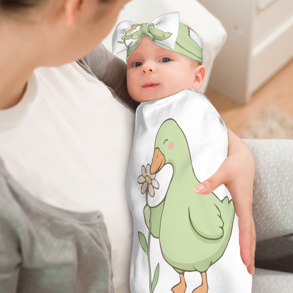 Miz & Ray Duckling Baby Swaddle Sack & Bow Headband Set | 0–6 Months
