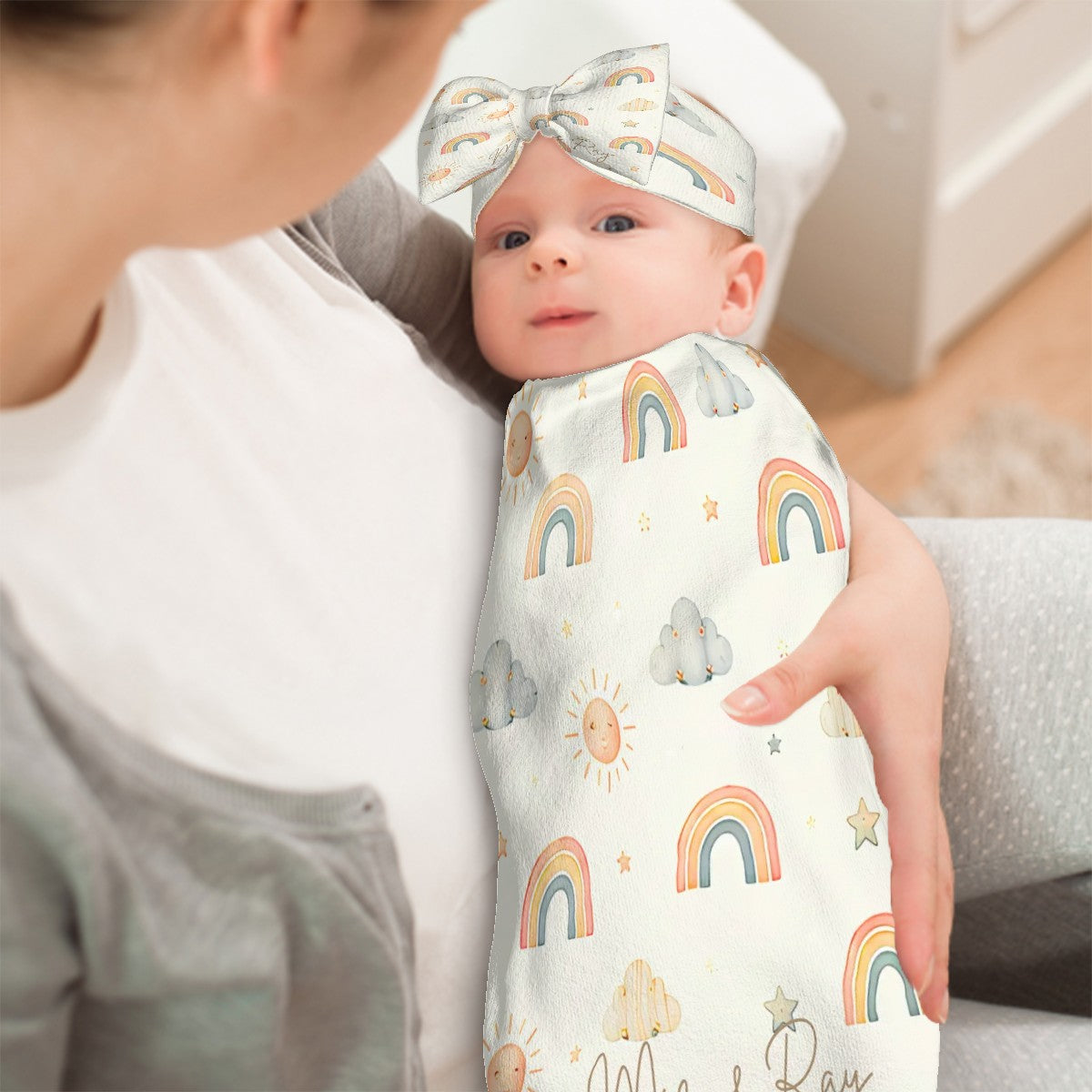 Rainbow Baby Swaddle Sack with Bow Headband | 0–6 Months