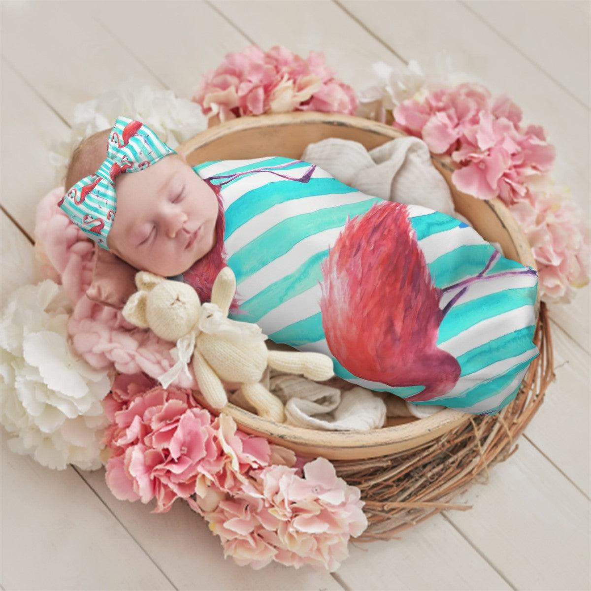 Flamingo Baby Swaddle Blanket & Bow Headband Set | 0–6 Months